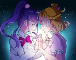 Rule 34 | 2girls, asahina mirai, bad id, bad twitter id, blonde hair, blush, bow, bowtie, closed eyes, izayoi liko, jewelry, mahou girls precure!, multiple girls, negom, open mouth, pendant, pink bow, pink bowtie, ponytail, precure, purple hair, short hair, smile, spoilers, tears