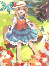 Rule 34 | 1girl, :d, bad id, bad pixiv id, barefoot, blonde hair, blue eyes, bow, bowtie, bug, butterfly, flower, grass, hat, insect, letter, long hair, md5 mismatch, miya (tokumei), open mouth, original, shoes, unworn shoes, sitting, skirt, smile, solo, suitcase, sun hat, vest