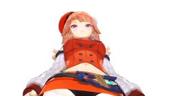 Rule 34 | 1girl, 3d, absurdres, bike shorts, breasts, detached sleeves, frown, hat, highres, hololive, hololive english, holomyth, large breasts, looking down, official art, orange hair, purple eyes, takanashi kiara, thighhighs, upskirt, virtual youtuber, white background