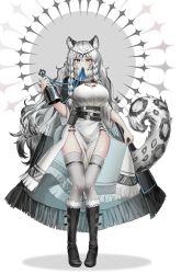 Rule 34 | 1girl, animal ears, arknights, bad id, bad pixiv id, bead necklace, beads, bell, belt, belt buckle, belt pouch, black capelet, black footwear, blue ribbon, boots, braid, bright pupils, buckle, capelet, clothes between thighs, clothes lift, commentary, contrapposto, cross-laced clothes, crotch, dano, dress, full body, fur, fur trim, grey eyes, hair between eyes, headpiece, highres, hip vent, holding, jewelry, knees together feet apart, leopard ears, leopard tail, long hair, long skirt, looking at viewer, mouth hold, multicolored hair, multiple belts, necklace, no panties, pouch, pramanix (arknights), ribbon, ribbon in mouth, side braids, silver hair, simple background, skirt, skirt lift, solo, tail, tareme, thighhighs, thighs, turtleneck, turtleneck dress, two-tone hair, very long hair, white dress, wide hips