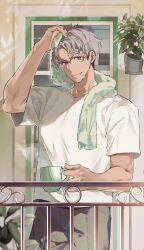 Rule 34 | 1boy, absurdres, arurandeisu, balcony, closed mouth, cowboy shot, cup, dappled sunlight, door, drying, drying hair, glasses, green eyes, grey hair, grey pants, hair between eyes, highres, hikariemochi, holding, holding cup, holostars, looking at viewer, male focus, mug, pants, parted bangs, plant, potted plant, red-framed eyewear, shirt, short hair, short sleeves, smile, solo, standing, steam, sunlight, t-shirt, tan, toned, toned male, towel, towel around neck, undercut, v-neck, virtual youtuber, wet, wet hair, white shirt