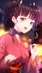 Rule 34 | 1girl, bloom, blunt bangs, breasts, brown hair, candy, choker, collarbone, festival, floral print, food, from side, hagha, highres, holding, holding candy, holding food, holding lollipop, japanese clothes, kimono, koutetsujou no kabaneri, large breasts, lollipop, looking at viewer, mumei (kabaneri), nape, night, open mouth, pink eyes, pink kimono, purple ribbon, ribbon, ribbon choker, sash, short kimono, short twintails, smile, solo, twintails, upper body