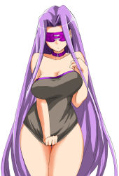 Rule 34 | 00s, 1girl, bad id, bad pixiv id, bare shoulders, blindfold, breasts, cleavage, clothes pull, collar, curvy, fate/stay night, fate (series), hip focus, huge breasts, large breasts, long hair, mask, medusa (fate), medusa (rider) (fate), no pants, purple hair, shirt tug, simple background, skirt, skirt tug, solo, tarushimu, very long hair, white background, wide hips