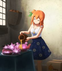 Rule 34 | 1girl, bad food, bare arms, bare shoulders, blue skirt, box, cardboard box, closed eyes, closed mouth, commentary request, green ribbon, hair between eyes, hair bun, hair ribbon, highres, hinatsuki mikan, indoors, jug (bottle), machikado mazoku, one side up, orange hair, plate, pouring, ribbon, shirosato, skirt, smile, solo, standing, tank top, the milkmaid, white tank top