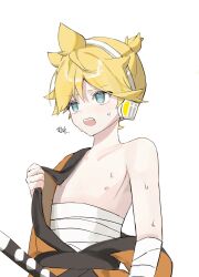 Rule 34 | 1boy, ahoge, aqua eyes, bandaged wrist, bandages, blonde hair, collarbone, commentary request, fang, gekokujou (vocaloid), headphones, headset, highres, hot, japanese clothes, jindimnyeo, kagamine len, katana, kimono, korean commentary, looking up, male focus, open clothes, open kimono, open mouth, orange kimono, pale skin, sarashi, short ponytail, spiked hair, sword, topless male, uncomfortable, vocaloid, weapon