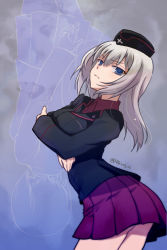 Rule 34 | 10s, 1girl, black hat, black jacket, blue eyes, closed mouth, cowboy shot, crossed arms, dress shirt, from side, frown, garrison cap, girls und panzer, grey hair, hat, itsumi erika, jacket, kuromorimine military uniform, long hair, long sleeves, looking at viewer, military, military hat, military uniform, miniskirt, nishizumi miho, outline, pleated skirt, r-king, red shirt, red skirt, shirt, skirt, standing, twitter username, uniform