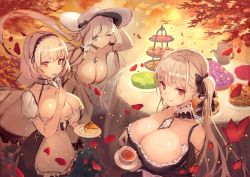 Rule 34 | 3girls, anchor choker, apron, azur lane, bare shoulders, between breasts, black dress, blue eyes, blush, breasts, cleavage, closed mouth, collarbone, commentary request, cup, dress, earrings, eating, elbow gloves, floating hair, food, formidable (azur lane), frilled apron, frilled dress, frills, gloves, grey hair, hair between eyes, hair ribbon, hairband, hanging breasts, hat, holding, holding cup, huge breasts, illustrious (azur lane), jewelry, lace-trimmed hairband, lace trim, large breasts, leaning forward, long hair, long sleeves, looking at viewer, maid apron, moco (moco 28), multiple girls, one eye closed, outdoors, puffy sleeves, red eyes, ribbon, short hair, short sleeves, sidelocks, sirius (azur lane), smile, strapless, strapless dress, sun hat, sweets, teacup, teapot, tress ribbon, tri tails, twintails, two-tone dress, two-tone ribbon, very long hair, waist apron, white apron, white dress, white gloves, white hair, white headwear