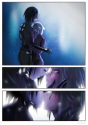 Rule 34 | 2girls, android, black hair, blue eyes, blush, character request, close-up, comic, commentary, elster (signalis), english commentary, fingerless gloves, gloves, head on chest, height difference, highres, joints, kiss, metal skin, multiple girls, red eyes, robot joints, short hair, signalis, silent comic, terrafelina, white hair, yuri