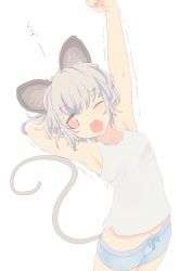 Rule 34 | 1girl, ;o, animal ears, arm behind head, armpits, arms up, bare shoulders, blue shorts, casual, collarbone, cowboy shot, eyebrows, female focus, highres, ishikkoro, looking to the side, motion lines, mouse ears, mouse tail, nazrin, one eye closed, open mouth, pale color, raised fist, red eyes, short hair, short shorts, shorts, silver hair, simple background, solo, standing, stretching, tail, tank top, tareme, touhou, trembling, unfinished, white background