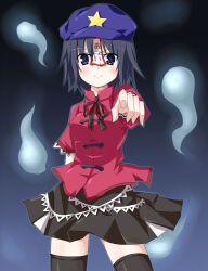 Rule 34 | 1girl, black eyes, black hair, black ribbon, black skirt, black thighhighs, blush, breasts, cabbie hat, chinese clothes, closed mouth, commentary request, cowboy shot, expressive clothes, ghost, grey background, hair between eyes, hat, hat ornament, highres, jiangshi, lace-trimmed sleeves, lace trim, long bangs, looking at viewer, medium breasts, miyako yoshika, neck ribbon, ofuda, purple hat, red shirt, ribbon, shirt, short hair, short sleeves, skirt, smile, solo, split mouth, star (symbol), star hat ornament, tangzhuang, thighhighs, touhou, v-shaped eyebrows, watao, zettai ryouiki