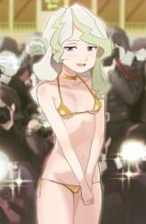 Rule 34 | 1girl, 90millimetri, bikini, blue eyes, breasts, camera, choker, diana cavendish, gold bikini, gold choker, green hair, highres, holding, holding camera, little witch academia, multicolored hair, navel, people, side-tie bikini bottom, small breasts, solo focus, sweat, swimsuit, taking picture, underboob, v arms