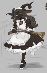 Rule 34 | 1girl, :3, animal ears, animal feet, animal nose, antique firearm, apron, barefoot, black dress, black fur, black hair, black horns, blunderbuss, blush, body fur, closed mouth, color guide, cowbell, curled horns, dress, female focus, firearm, flat chest, flat color, frilled apron, frilled dress, frills, full body, furry, furry female, grey background, gun, happy, highres, holding, holding gun, holding weapon, hooves, horizontal pupils, horns, juliet sleeves, kikurage (crayon arts), light blush, long hair, long sleeves, looking at viewer, maid, maid apron, maid headdress, musket, neck bell, neck ribbon, original, puffy sleeves, red ribbon, ribbon, sheep ears, sheep girl, sheep horns, sidelocks, simple background, sketch, smile, solo, standing, swept bangs, two-handed, v-shaped eyebrows, weapon, white apron, yellow eyes