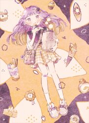 1girl bag blonde_hair blunt_bangs blunt_ends cake cake_slice collared_shirt donut eating food full_body gradient_hair grey_bag hair_ornament hairclip holding holding_bag ice_cream_cone looking_at_viewer lying multicolored_hair on_back original paper_bag purple_eyes purple_hair purple_vest ryokuno_green shirt shoes simple_background skirt socks solo sweet_potato swiss_roll vest white_shirt white_shoes white_socks yellow_background yellow_skirt