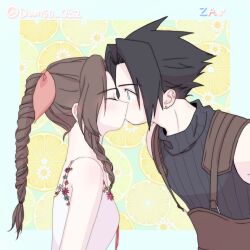 Rule 34 | 1boy, 1girl, aerith gainsborough, bare shoulders, black hair, blue eyes, blush, braid, braided ponytail, breasts, brown hair, closed eyes, couple, crisis core final fantasy vii, damso, dress, ear blush, earrings, final fantasy, final fantasy vii, floral background, flower, food, from side, fruit, hair ribbon, highres, jewelry, kiss, lemon, light blush, long hair, looking at another, parted bangs, pink ribbon, profile, ribbon, sidelocks, sleeveless, sleeveless dress, sleeveless turtleneck, small breasts, spiked hair, square enix, stud earrings, surprise kiss, surprised, suspenders, sweater, turtleneck, turtleneck sweater, upper body, white dress, zack fair