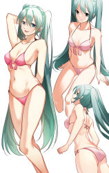 Rule 34 | 1girl, aqua eyes, aqua hair, armpit crease, ass, bare back, bare shoulders, bikini, breasts, cleavage, closed mouth, collarbone, commentary, feet out of frame, hair between eyes, halterneck, hand in own hair, hatsune miku, highres, long hair, looking at viewer, looking back, multiple views, navel, open mouth, pink bikini, rain (aaru), side-tie bikini bottom, sideboob, simple background, sitting, small breasts, smile, standing, swimsuit, thighs, twintails, very long hair, vocaloid, white background