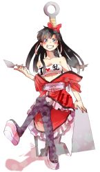 Rule 34 | 1girl, 210, alternate costume, bandages, bare shoulders, black hair, blue eyes, blush, bow, breasts, cleavage, collarbone, grin, japanese clothes, kimono, kuonji ukyou, long hair, looking at viewer, medium breasts, open mouth, pantyhose, ranma 1/2, red bow, sandals, sash, sitting, smile, spatula, teeth