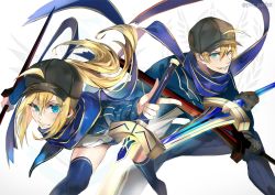 Rule 34 | 1boy, 1girl, ahoge, arthur pendragon (fate), artoria pendragon (fate), baseball cap, black headwear, blonde hair, blue eyes, blue jacket, blue scarf, cosplay, excalibur (fate/prototype), fate/grand order, fate (series), fighting stance, gloves, green eyes, hair between eyes, hat, holding, jacket, long hair, long sleeves, looking at viewer, mysterious heroine x (fate), mysterious heroine x (fate) (cosplay), ponytail, pvc parfait, scarf, shorts, smile, smirk, sword, thighhighs, track jacket, upper body, weapon