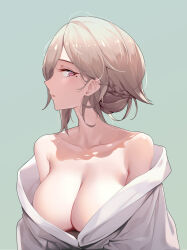Rule 34 | 1girl, bare shoulders, braid, breasts, brown hair, chinese commentary, cleavage, collarbone, commentary request, green background, highres, honkai (series), honkai impact 3rd, large breasts, looking at viewer, mole, mole under eye, off shoulder, parted lips, pink eyes, rita rossweisse, ruo zhishi chu jian, short hair, sideways glance, simple background, solo, upper body