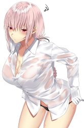 Rule 34 | 1girl, arms at sides, black panties, black ribbon, blush, braid, breasts, buttons, cleavage, closed mouth, collarbone, collared shirt, commentary request, cowboy shot, dress shirt, fate/grand order, fate (series), florence nightingale (fate), folded ponytail, gloves, hair between eyes, hair ornament, hair ribbon, half-closed eyes, highres, large breasts, legs apart, long hair, long sleeves, looking at viewer, onineko-chan, panties, panty pull, pink hair, pulling own clothes, red eyes, ribbon, see-through, shirt, simple background, solo, squiggle, tsurime, underwear, wet, wet clothes, wet shirt, white background, white gloves, white shirt, wing collar