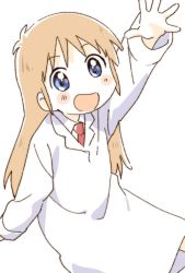 Rule 34 | 1girl, :d, arm up, blonde hair, blue eyes, blush stickers, collared shirt, commentary, happy, lab coat, long hair, looking to the side, looking up, namori, necktie, nichijou, open mouth, outstretched arm, professor shinonome, red necktie, shirt, simple background, smile, solo, symbol-only commentary, white background, white shirt