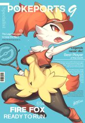 Rule 34 | 1girl, absurdres, animal ear fluff, animal ears, animal feet, animal nose, arm up, armpits, artist name, bandaid, bandaid on face, bandaid on nose, barcode, barefoot, black fur, blue background, blush, body fur, bottomless, braixen, breastless clothes, breasts, character name, cleft of venus, clothed pokemon, cover, creatures (company), cropped vest, dated, english text, fang, female focus, fox ears, fox girl, fox tail, furry, furry female, game freak, gen 6 pokemon, hat, highres, holding tennis racket, jumping, leg warmers, looking to the side, magazine cover, multicolored fur, navel, neck fur, nintendo, nipples, nose blush, open mouth, outstretched arm, playing sports, poke ball symbol, pokedex number, pokemon, pokemon (creature), pussy, racket, red eyes, red hat, sideways mouth, signature, small breasts, snout, solo, sparkle, sportswear, spread legs, sticker, stomach, sweat, tail, tennis, tennis racket, thighs, tongue, uncensored, vest, visor cap, white fur, yellow fur, zinfyu