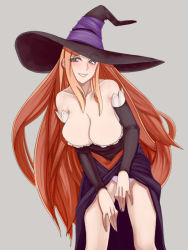 Rule 34 | 1girl, bare shoulders, blush, breasts, cleavage, detached sleeves, dragon&#039;s crown, dress, female focus, hat, large breasts, leaning forward, long hair, long skirt, panties, red hair, simple background, skirt, smile, solo, sorceress (dragon&#039;s crown), standing, strapless, strapless dress, underwear, vanillaware, very long hair, witch, witch hat