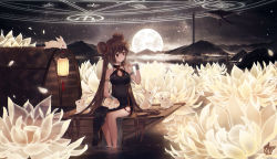 Rule 34 | 1girl, animal, armlet, artist name, bare shoulders, boat, breasts, brown eyes, brown hair, bug, butterfly, butterfly on hand, cart, china dress, chinese clothes, chinese commentary, cleavage cutout, clothing cutout, commentary request, constellation, double bun, dress, dungeon and fighter, falling leaves, field, fighter (dungeon and fighter), fingerless gloves, flower, flower field, full body, full moon, gloves, hair bun, hair ornament, hand up, highres, insect, lantern, large breasts, leaf, long hair, lotus, moon, mountain, mountainous horizon, nen master (dungeon and fighter), night, night sky, ocean, outdoors, paper lantern, petting, rabbit, scenery, side slit, signature, sitting, sky, sleeveless, soaking feet, solo, star (sky), starry sky, tagme, twintails, very long hair, water, watercraft, whale, windporo