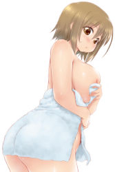 Rule 34 | 10s, 1girl, ass, breasts, brown eyes, brown hair, covering privates, covering one breast, from side, idolmaster, idolmaster cinderella girls, large breasts, mimura kanako, naked towel, short hair, solo, towel, zanzi