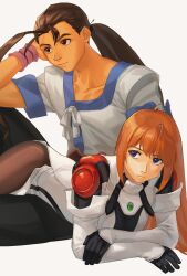 1boy 1girl asagi_(banzoku210) black_gloves blue_eyes brown_eyes brown_hair detached_sleeves elhaym_van_houten fei_fong_wong gloves highres long_hair low_ponytail orange_hair pantyhose simple_background white_background white_sleeves xenogears