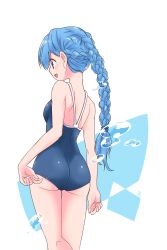 Rule 34 | 1girl, back, blue hair, blue one-piece swimsuit, blush, braid, braided ponytail, bubble, commentary request, competition school swimsuit, cowboy shot, ekaki-ya okamoto, fingernails, from behind, hair between eyes, highres, kneepits, kotonoha aoi, legs together, light blush, long fingernails, long hair, one-piece swimsuit, open mouth, school swimsuit, sideways mouth, simple background, smile, solo, swimsuit, voiceroid, white background, wide hips, yellow eyes
