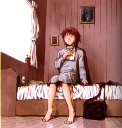 Rule 34 | 1990s (style), 1girl, abe yoshitoshi, asymmetrical hair, barefoot, bed, book, brown hair, closed eyes, dress, feet, female focus, full body, hair ornament, hairclip, indoors, iwakura lain, non-web source, official art, retro artstyle, serial experiments lain, short hair, sitting, solo, turtleneck, turtleneck dress, window