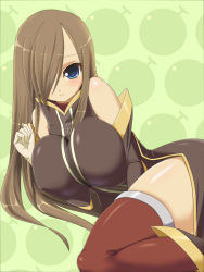 Rule 34 | 00s, 1girl, bare shoulders, blue eyes, breasts squeezed together, breasts, brown hair, elbow gloves, gloves, hair over one eye, huge breasts, impossible clothes, impossible shirt, long hair, shirt, shuz (dodidu), solo, tales of (series), tales of the abyss, tear grants, thighhighs