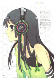 Rule 34 | 00s, 1girl, akiyama mio, asymmetrical sleeves, bare shoulders, black hair, blue eyes, blunt bangs, cable, dress, eyelashes, female focus, from side, green dress, headphones, highres, hime cut, ito noizi, k-on!, long hair, scan, solo, uneven sleeves, white background