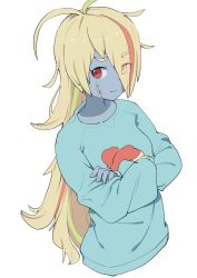 Rule 34 | 1girl, 523 (user efcm2455), absurdres, antenna hair, blonde hair, blue skin, blue sweater, colored skin, crossed arms, eyes visible through hair, green hair, hair over one eye, highres, long hair, long sleeves, looking at viewer, multicolored hair, nikaidou saki, red eyes, red hair, simple background, solo, stitches, streaked hair, sweater, upper body, very long hair, white background, zombie, zombie land saga