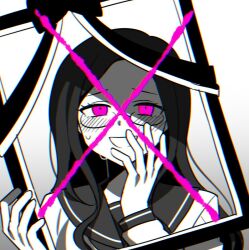 Rule 34 | 1girl, bad id, bad twitter id, blush, collared shirt, commentary request, commission, danganronpa (series), danganronpa v3: killing harmony, furrowed brow, glasses, gradient background, grey background, greyscale, hand to own mouth, holding, holding frame, iei, long hair, long sleeves, looking at viewer, monochrome, neckerchief, open mouth, pink eyes, round eyewear, sailor collar, school uniform, serafuku, shirogane tsumugi, shirt, simple background, single sidelock, smile, solo, spot color, sweat, upper body, waka (wk4444), wavy hair