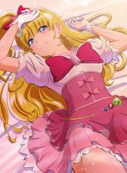 Rule 34 | 1girl, arm up, bed sheet, blonde hair, blush, bow, bowtie, closed mouth, cure miracle, earrings, from above, fuchi (nightmare), gloves, hair between eyes, hair bow, hat, high ponytail, jewelry, layered skirt, long hair, lying, mahou girls precure!, mini hat, miniskirt, multicolored clothes, multicolored skirt, on back, pink bow, pink hat, pink shirt, pink skirt, precure, purple eyes, red bow, red bowtie, red skirt, shiny skin, shirt, short sleeves, side ponytail, skirt, solo, underbust, very long hair, wavy mouth, white gloves, white skirt, witch hat