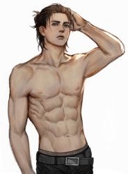 1boy abs absurdres brown_male_underwear cowboy_shot ekit70 eren_yeager hand_on_own_head highres looking_at_viewer male_focus male_underwear male_underwear_peek aged_up pectorals shingeki_no_kyojin short_hair solo stomach toned toned_male topless_male underwear white_background