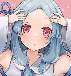 Rule 34 | 1girl, absurdres, blue hair, blush, closed mouth, dress, from side, highres, kannagoto, kotonoha aoi, long hair, looking at viewer, parted bangs, pink background, portrait, red eyes, simple background, solo, star (symbol), voiceroid, white dress