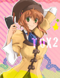 Rule 34 | 1girl, breasts, brown hair, coat, copyright name, green eyes, hat, leia rolando, misatoyuhu, pencil, short hair, smile, tales of (series), tales of xillia, tales of xillia 2