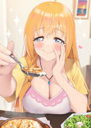 Rule 34 | 1girl, ahoge, blouse, blue eyes, blurry, blush, braid, breasts, camisole, cleavage, collarbone, depth of field, eating, egg (food), food, highres, incoming food, jewelry, large breasts, long hair, looking at viewer, lunch (shin new), necklace, open clothes, open shirt, orange hair, pecorine (princess connect!), pecorine (real) (princess connect!), pink camisole, plate, princess connect!, shirt, side braid, smile, softboiled egg, solo focus, spoon, table, wavy mouth, yellow shirt