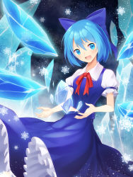Rule 34 | 1girl, :d, arms up, black background, blue dress, blue eyes, blue hair, blush, bow, chinese commentary, cirno, commentary request, dress, hair between eyes, hair bow, head tilt, ice, ice background, ice wings, leaning back, looking at viewer, midriff peek, mixed-language commentary, neck ribbon, open mouth, partial commentary, petticoat, pinafore dress, puffy short sleeves, puffy sleeves, red ribbon, ribbon, shirt, short hair, short sleeves, sleeveless dress, smile, snowflakes, solo, touhou, white shirt, wings, z.o.b