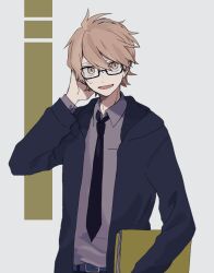 Rule 34 | 1boy, belt, book, brown eyes, brown hair, collared shirt, glasses, hand on own head, holding, holding book, hood, hoodie, long sleeves, maco22, male focus, necktie, open mouth, original, shirt, short hair, smile, solo, sweat