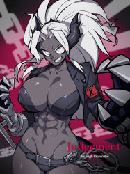 Rule 34 | 1girl, abs, armband, belt, bikini, black belt, black bikini, black horns, black jacket, black tail, breasts, buckle, chain, character name, clawed gauntlets, cleavage, collarbone, colored skin, commentary request, cowboy shot, cropped jacket, dark-skinned female, dark skin, demon girl, demon horns, demon tail, english text, fang, female focus, grey skin, grin, groin, helltaker, highres, horns, jacket, judgement (helltaker), large breasts, long hair, long sleeves, looking at viewer, midriff, muscular, muscular female, navel, negresco, open clothes, open jacket, parted bangs, ponytail, red background, skindentation, smile, solo, standing, swimsuit, tail, teeth, tonfa, torn clothes, torn jacket, unusual pupils, weapon, white eyes, white hair, wide hips