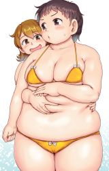 Rule 34 | 2girls, belly, belly grab, big belly, bikini, blonde hair, blush, breasts, brown eyes, brown hair, cleavage, embarrassed, fat, highres, medium breasts, multiple girls, navel, open mouth, original, orizen, plump, short hair, smile, sweatdrop, swimsuit, teasing, thick arms, thick thighs, thighs, weight conscious, yellow bikini