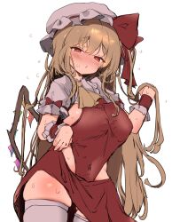 Rule 34 | 1girl, :o, alternate breast size, blonde hair, blush, breasts, commentary request, flandre scarlet, hat, highres, long hair, looking at viewer, medium breasts, mikan (manmarumikan), mob cap, red eyes, simple background, solo, standing, sweat, thighhighs, thighs, touhou, very long hair, white background, white hat, white thighhighs, wings, wrist cuffs