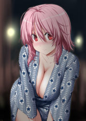 Rule 34 | 1girl, alternate costume, blue kimono, blurry, blurry background, blush, breasts, cleavage, collarbone, commentary request, cowboy shot, dark background, downblouse, eyes visible through hair, floral print, hair between eyes, hands on legs, highres, japanese clothes, kimono, large breasts, light, light smile, looking at viewer, messy hair, no bra, nori tamago, onsen, open clothes, open kimono, pink hair, red eyes, saigyouji yuyuko, short hair, smile, solo, sweat, thighs, touhou, wide sleeves