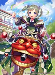 Rule 34 | 1girl, bandaged arm, bandages, bottle, cloud, cloudy sky, copyright notice, day, falling leaves, fire emblem, fire emblem cipher, fire emblem fates, green hair, leaf, lion dance, matsurika youko, midori (fire emblem), nintendo, official art, open mouth, outdoors, puppet, purple eyes, rainbow, rock, shishimai, sitting, sky, solo, sparkle, teeth, tree, twintails, upper teeth only