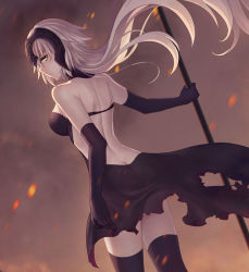 Rule 34 | 1girl, backless dress, backless outfit, black dress, black gloves, black thighhighs, breasts, butt crack, closed mouth, cowboy shot, dress, elbow gloves, elsa (g557744), fate/grand order, fate (series), floating hair, from behind, gloves, holding, holding polearm, holding weapon, jeanne d&#039;arc (fate), jeanne d&#039;arc alter (avenger) (fate), jeanne d&#039;arc alter (fate), long hair, looking at viewer, medium breasts, polearm, shoulder blades, silver hair, solo, standing, thighhighs, torn clothes, torn dress, very long hair, weapon, yellow eyes