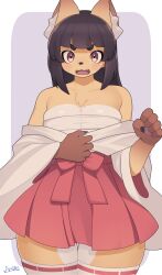 Rule 34 | 1girl, absurdres, animal ear fluff, animal ears, bare shoulders, blunt bangs, blush, body fur, breasts, claws, cleavage, fang, female focus, fox ears, fox girl, furry, furry female, high-waist skirt, highres, hikimayu, hime cut, japanese clothes, komena (ryuusui arumo), looking at viewer, medium breasts, miko, off shoulder, open mouth, original, ryuusui arumo, sarashi, signature, skirt, solo, sweatdrop, thighhighs, thighs, white thighhighs, zettai ryouiki