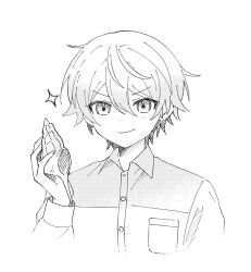 Rule 34 | 1boy, breast pocket, buttoned cuffs, buttons, closed mouth, collared shirt, commentary request, cropped torso, double-parted bangs, greyscale, hair between eyes, hand up, haruta26m2, hatching (texture), highres, holding, holding shell, light smile, linear hatching, long bangs, long sleeves, looking at viewer, monochrome, open collar, partially unbuttoned, pocket, project sekai, shell, shirt, short hair, simple background, solo, tenma tsukasa, two-tone shirt, upper body